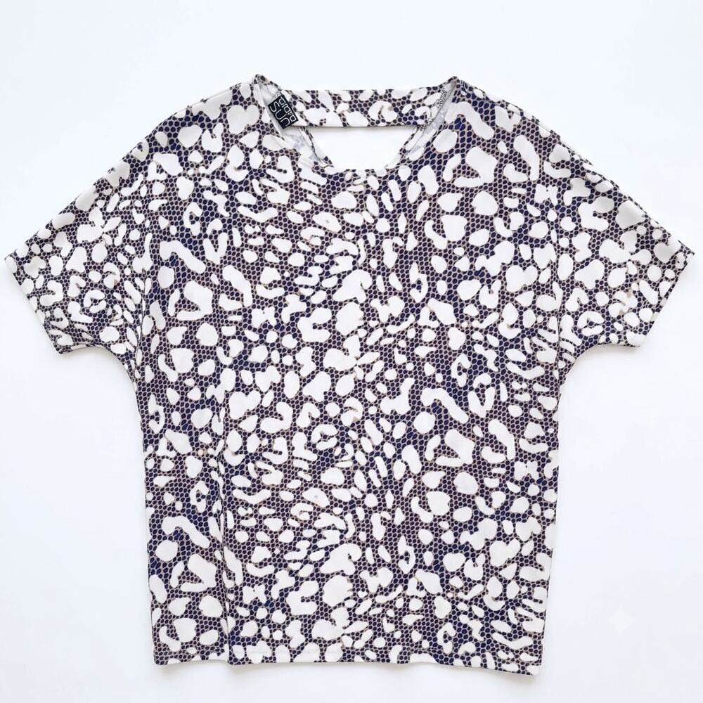 Clara Sun Woo Leopard Print Dolman Blouse Beige Blue Work Travel Womens Small
